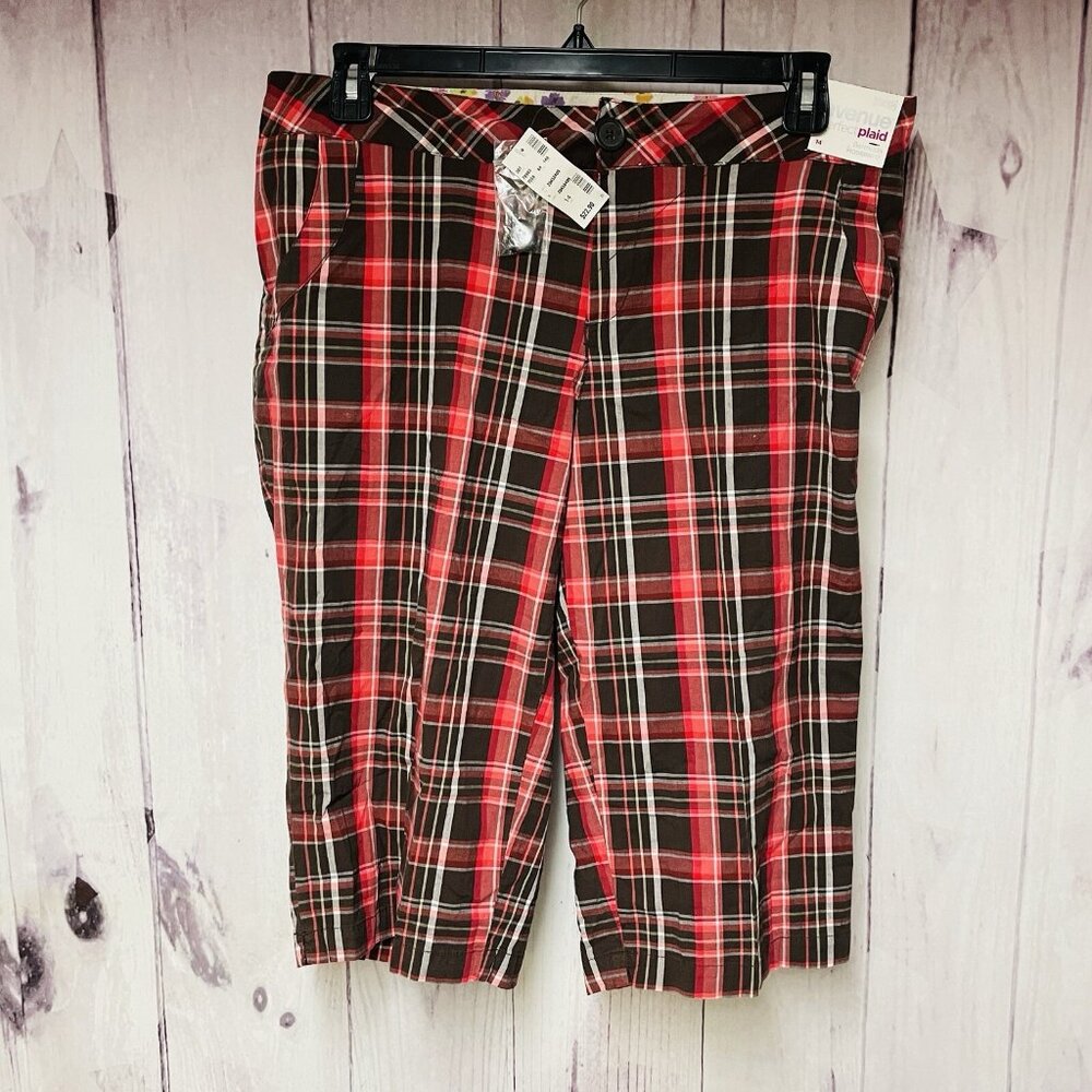 Avenue Womens Perfect Plaid Stretch 14 Red Brown Flat Front Bermuda Shorts